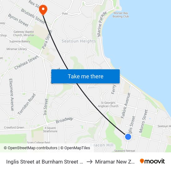 Inglis Street at Burnham Street (Near 88) to Miramar New Zealand map