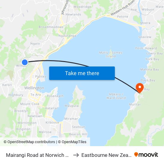 Mairangi Road at Norwich Street to Eastbourne New Zealand map