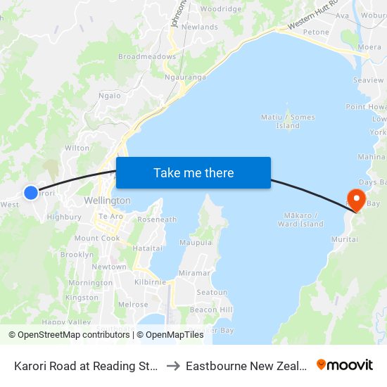 Karori Road at Reading Street to Eastbourne New Zealand map
