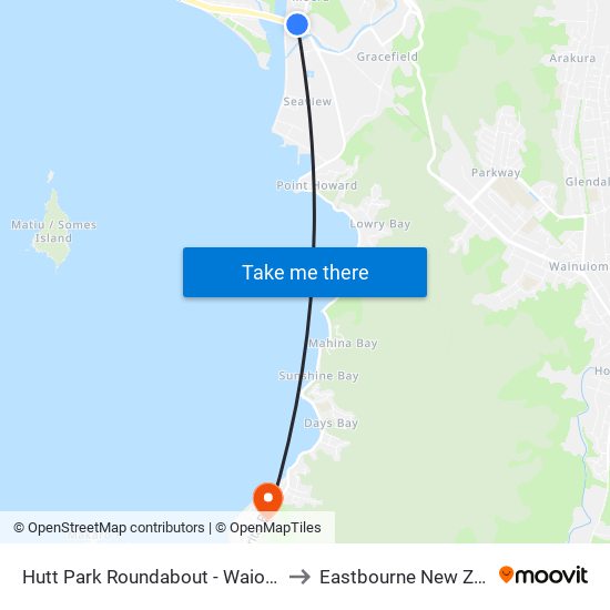 Hutt Park Roundabout - Waione Street to Eastbourne New Zealand map