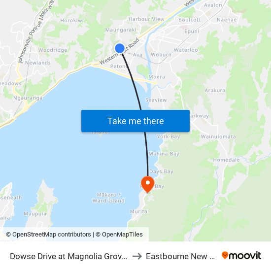 Dowse Drive at Magnolia Grove (Near 24) to Eastbourne New Zealand map