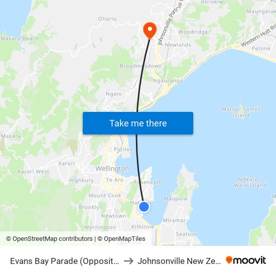 Evans Bay Parade (Opposite 412) to Johnsonville New Zealand map