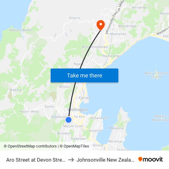 Aro Street at Devon Street to Johnsonville New Zealand map