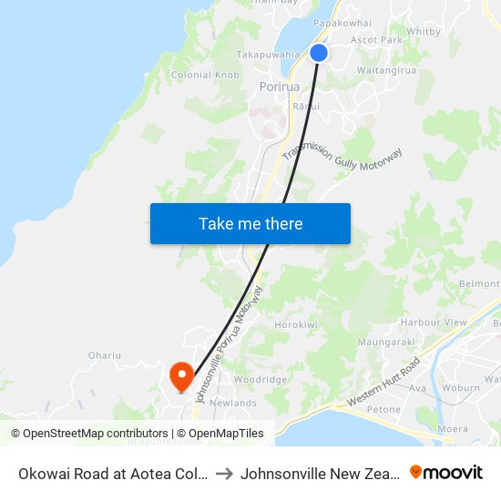 Okowai Road at Aotea College to Johnsonville New Zealand map