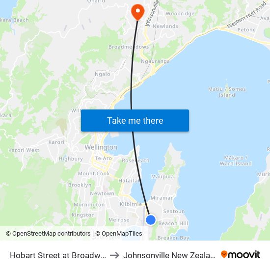 Hobart Street at Broadway to Johnsonville New Zealand map