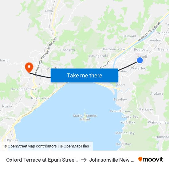 Oxford Terrace at Epuni Street (Near 77) to Johnsonville New Zealand map