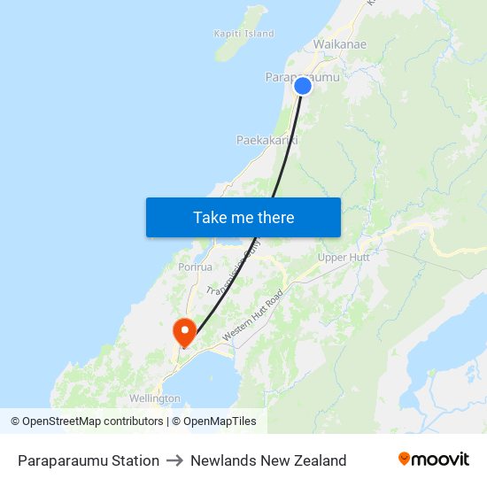 Paraparaumu Station to Newlands New Zealand map