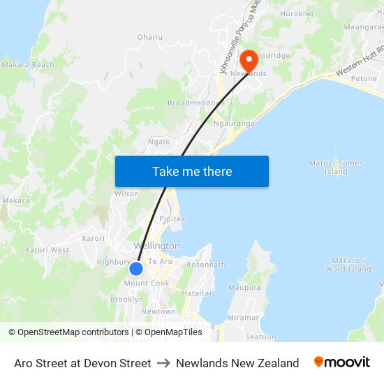 Aro Street at Devon Street to Newlands New Zealand map