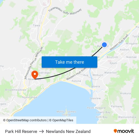 Park Hill Reserve to Newlands New Zealand map