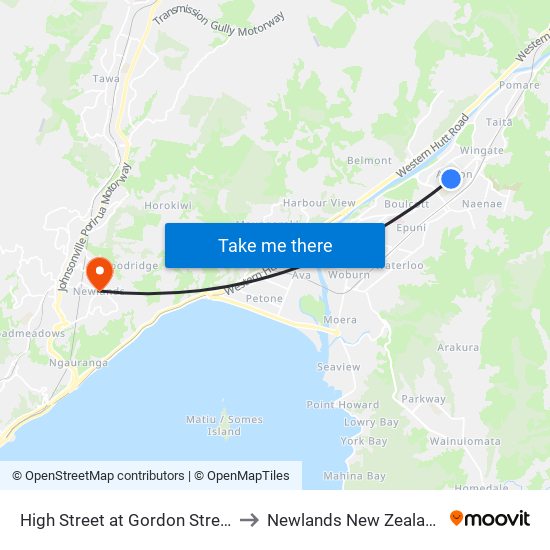 High Street at Gordon Street to Newlands New Zealand map