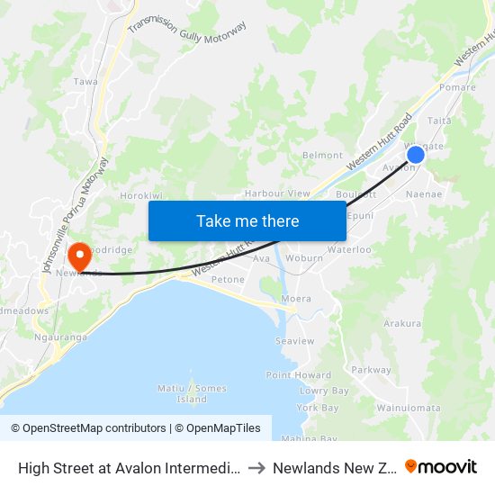 High Street at Avalon Intermediate School to Newlands New Zealand map