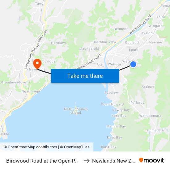 Birdwood Road at the Open Polytechnic to Newlands New Zealand map