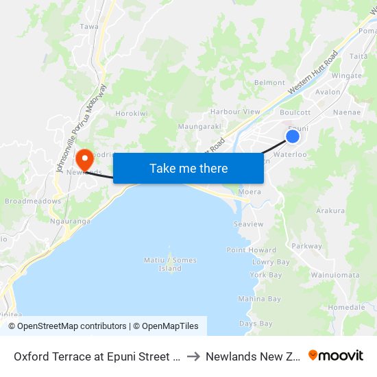 Oxford Terrace at Epuni Street (Near 77) to Newlands New Zealand map