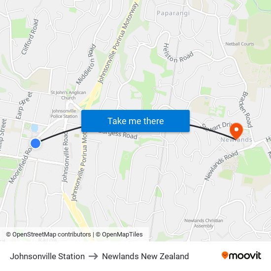 Johnsonville Station to Newlands New Zealand map