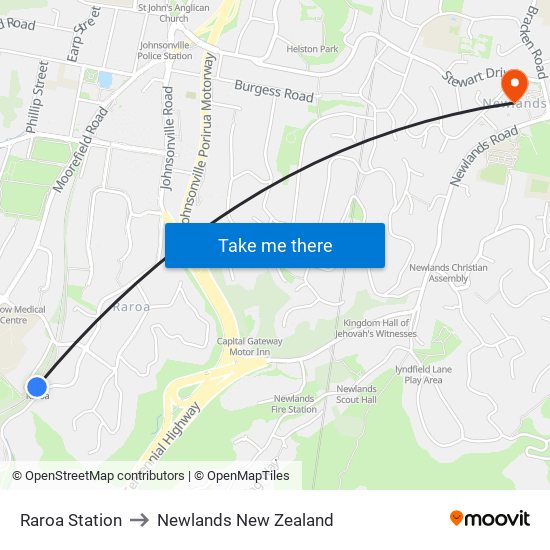 Raroa Station to Newlands New Zealand map