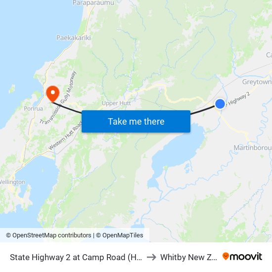 State Highway 2 at Camp Road (Hail And Ride) to Whitby New Zealand map