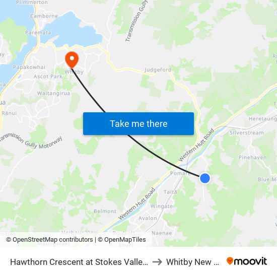 Hawthorn Crescent at Stokes Valley Road (Near 4) to Whitby New Zealand map