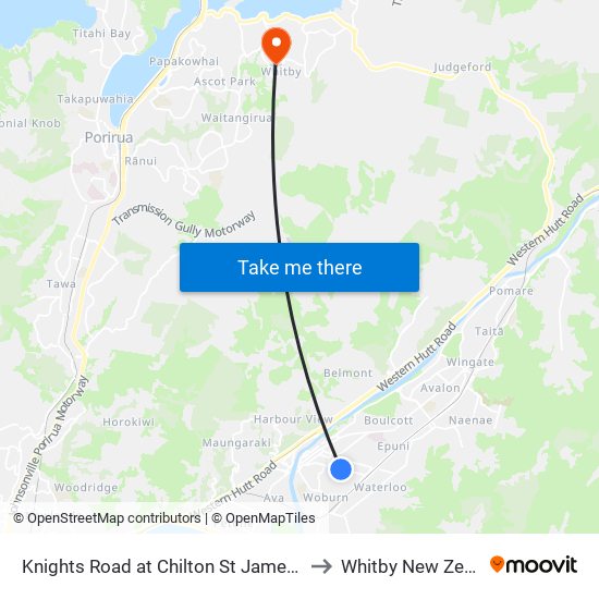 Knights Road at Chilton St James School to Whitby New Zealand map