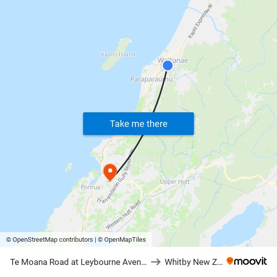 Te Moana Road at Leybourne Avenue (Near 382) to Whitby New Zealand map