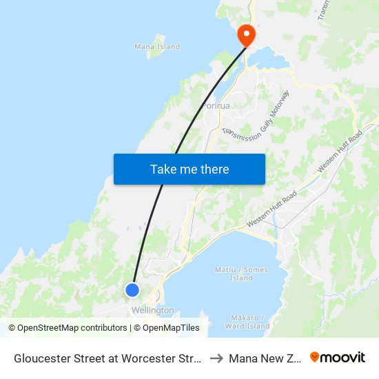 Gloucester Street at Worcester Street (Near 22) to Mana New Zealand map