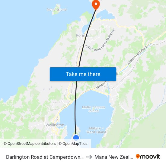 Darlington Road at Camperdown Road to Mana New Zealand map