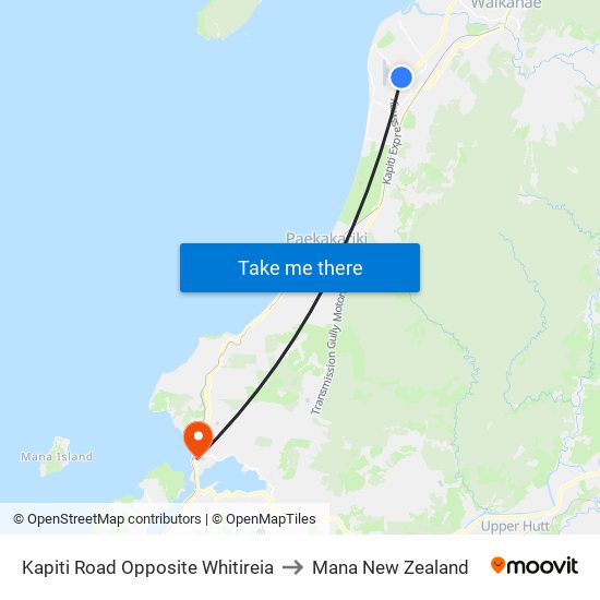 Kapiti Road Opposite Whitireia to Mana New Zealand map