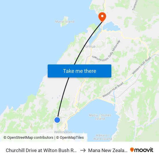 Churchill Drive at Wilton Bush Road to Mana New Zealand map