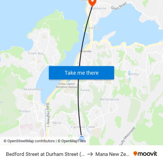 Bedford Street at Durham Street (Near 73) to Mana New Zealand map