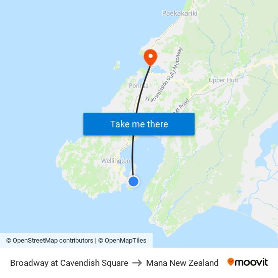 Broadway at Cavendish Square to Mana New Zealand map