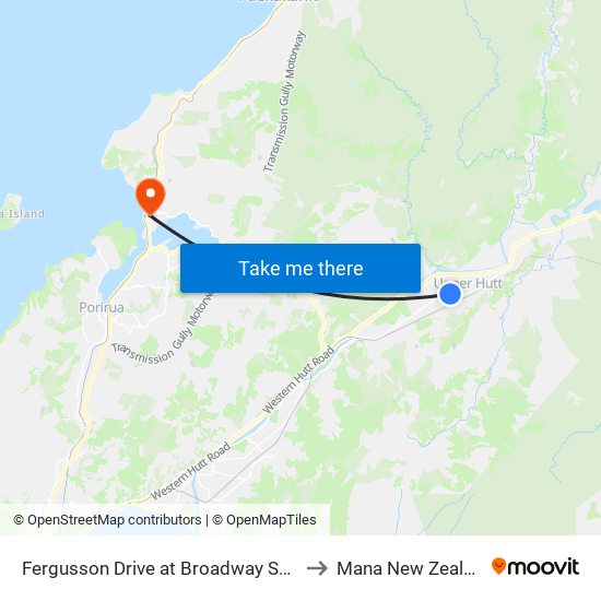 Fergusson Drive at Broadway Shops to Mana New Zealand map