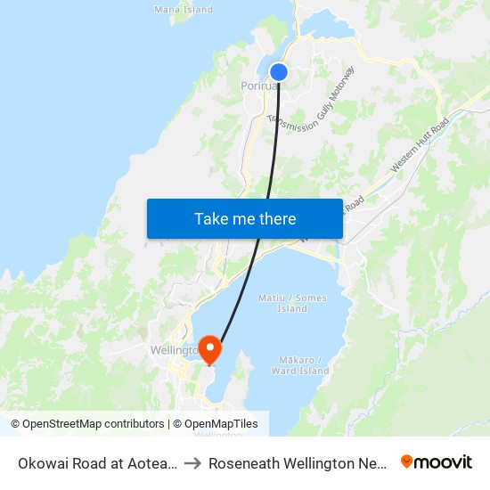 Okowai Road at Aotea College to Roseneath Wellington New Zealand map