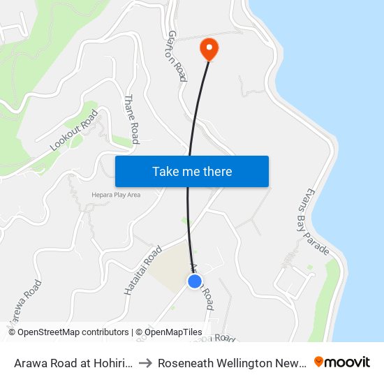 Arawa Road at Hohiria Road to Roseneath Wellington New Zealand map