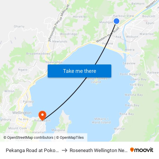 Pekanga Road at Pokohiwi Road to Roseneath Wellington New Zealand map