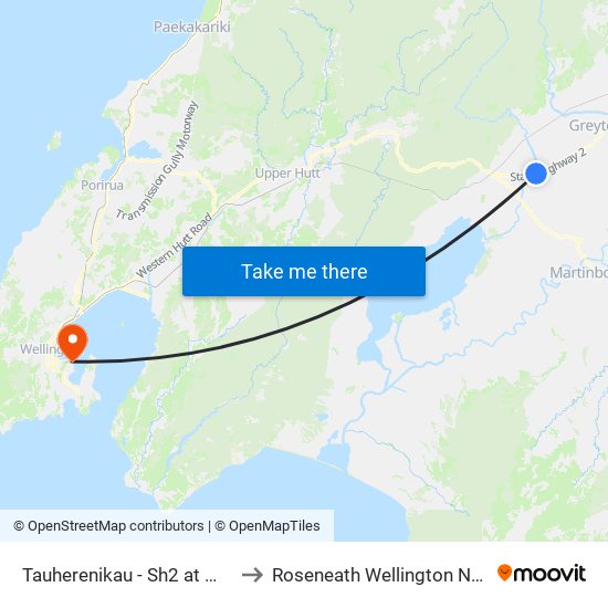 Tauherenikau - Sh2 at Moroa Road to Roseneath Wellington New Zealand map