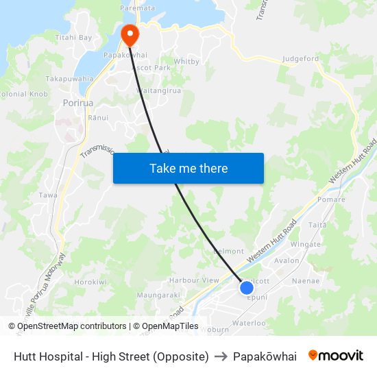 Hutt Hospital - High Street (Opposite) to Papakōwhai map