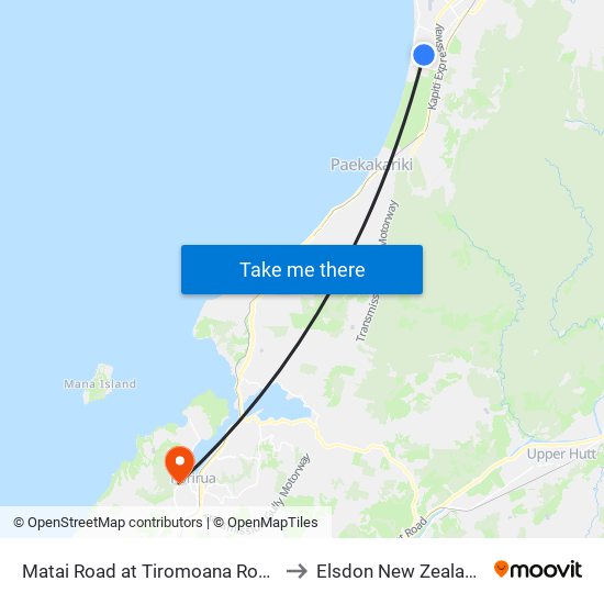 Matai Road at Tiromoana Road to Elsdon New Zealand map