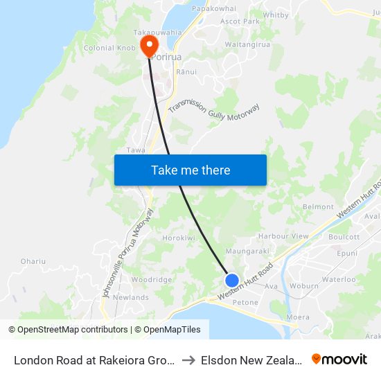 London Road at Rakeiora Grove to Elsdon New Zealand map