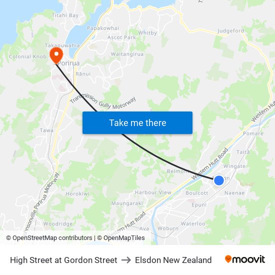 High Street at Gordon Street to Elsdon New Zealand map