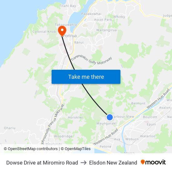 Dowse Drive at Miromiro Road to Elsdon New Zealand map