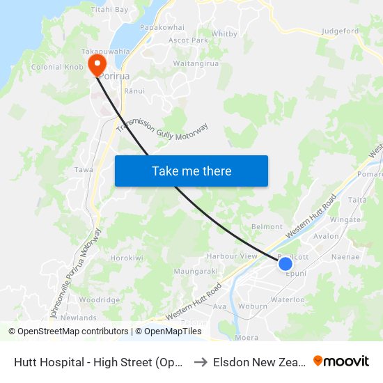 Hutt Hospital - High Street (Opposite) to Elsdon New Zealand map