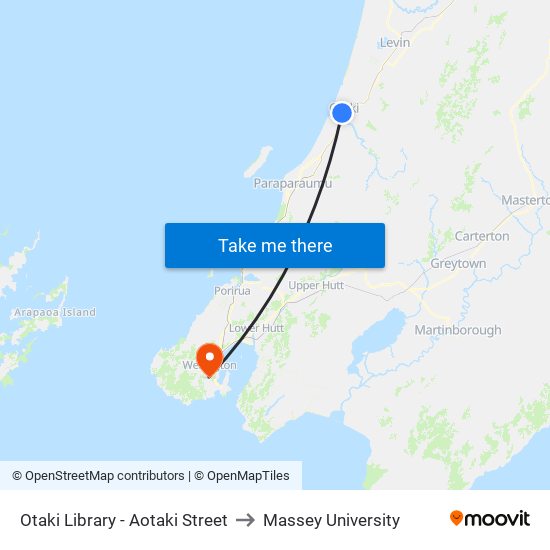 Otaki Library - Aotaki Street to Massey University map