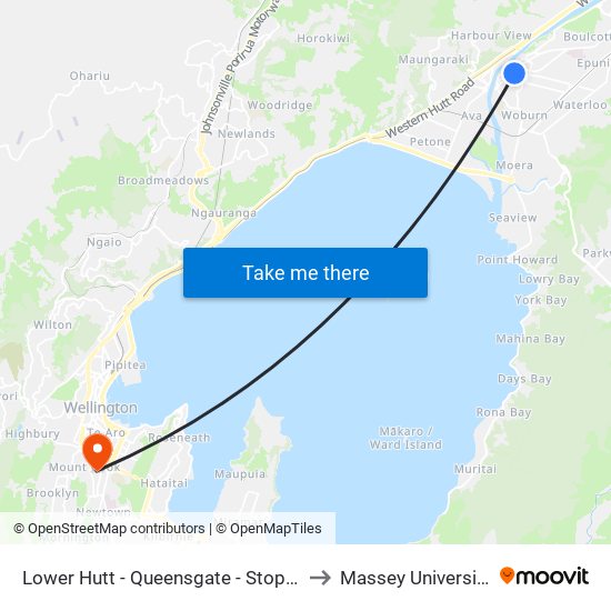 Lower Hutt - Queensgate - Stop A to Massey University map