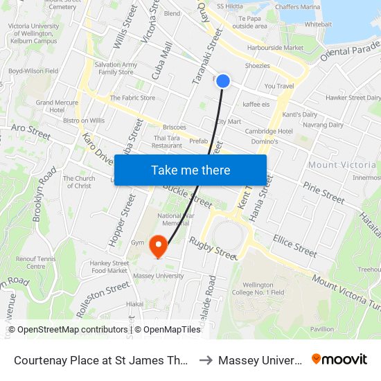 Courtenay Place at St James Theatre to Massey University map