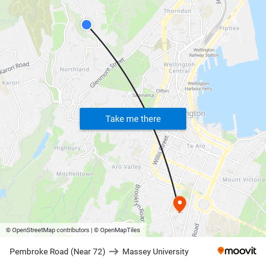 Pembroke Road (Near 72) to Massey University map