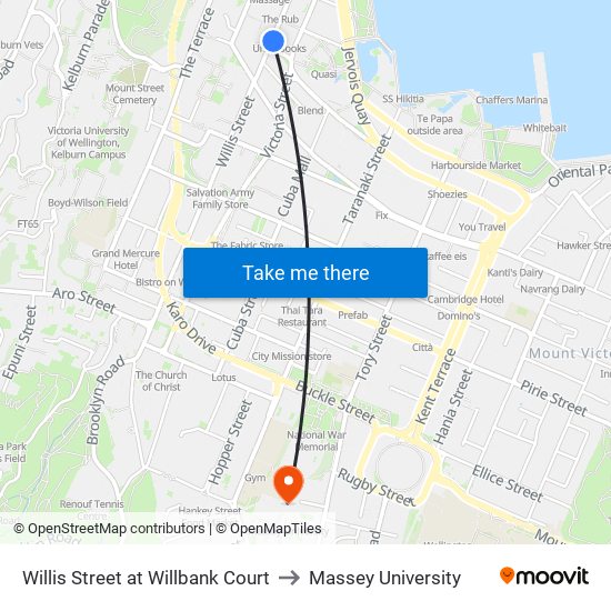 Willis Street at Willbank Court to Massey University map