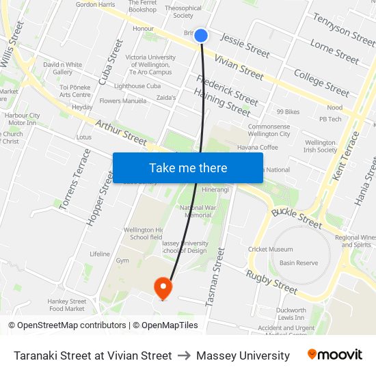 Taranaki Street at Vivian Street to Massey University map