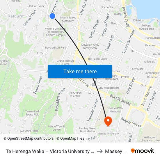 Te Herenga Waka – Victoria University Of Wellington Kelburn - Stop B to Massey University map