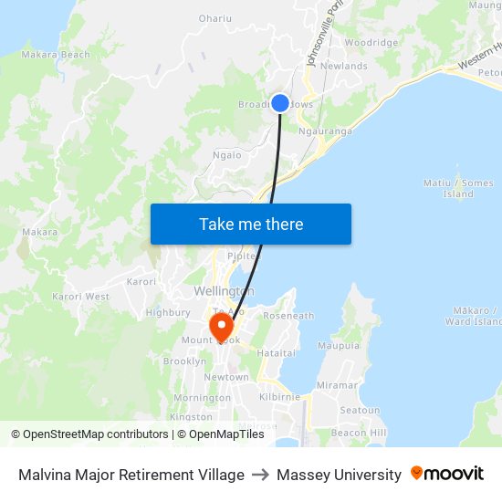 Malvina Major Retirement Village to Massey University map