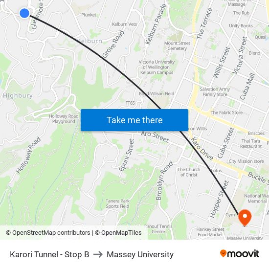 Karori Tunnel - Stop B to Massey University map