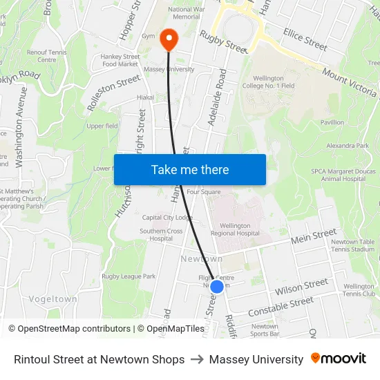Rintoul Street at Newtown Shops to Massey University map